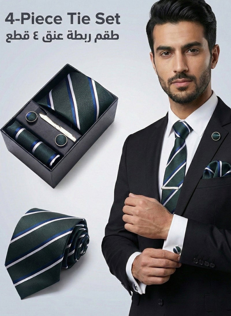 FIORICASA 4-PIECE Men's Necktie Gift Set - Dark Green Striped Tie with Matching Pocket Square and Cufflinks - Elegant Formal Business Accessories Box for Wedding & Events - Image 1